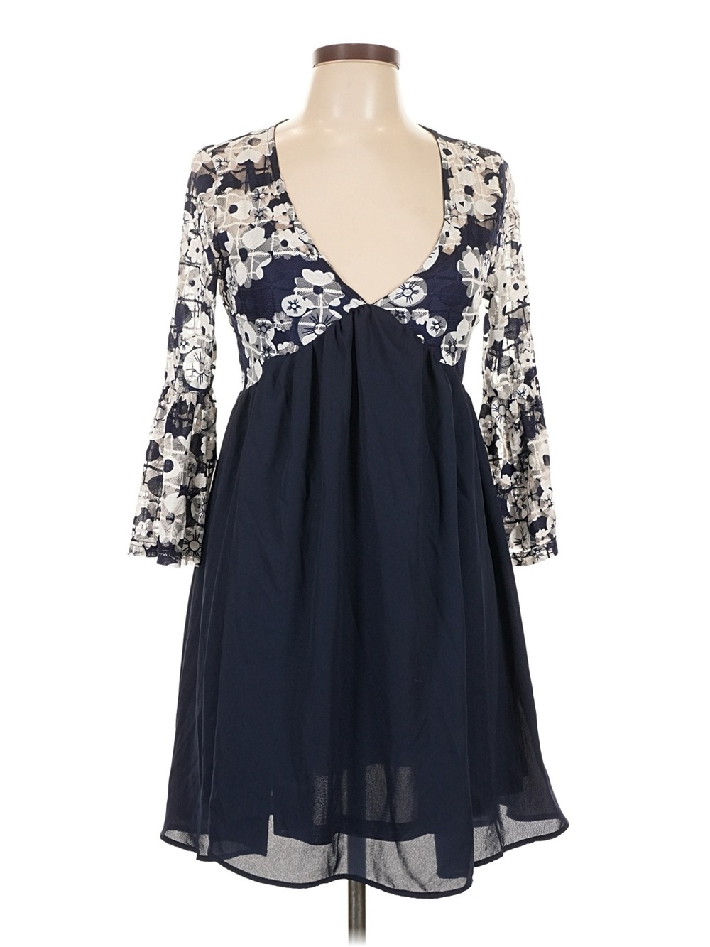 Reborn Large Navy and Cream Floral Empire-Waist Dress